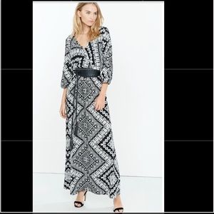 Black and White Ikat Print Surplice Maxi Dress